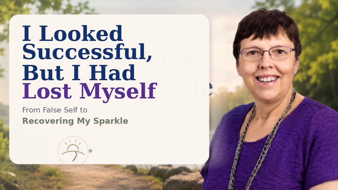 Dr. Christine Sauer beside a sunlit mountain path with text: “I Looked Successful, But I Had Lost Myself — From False Self to Recovering My Sparkle.”