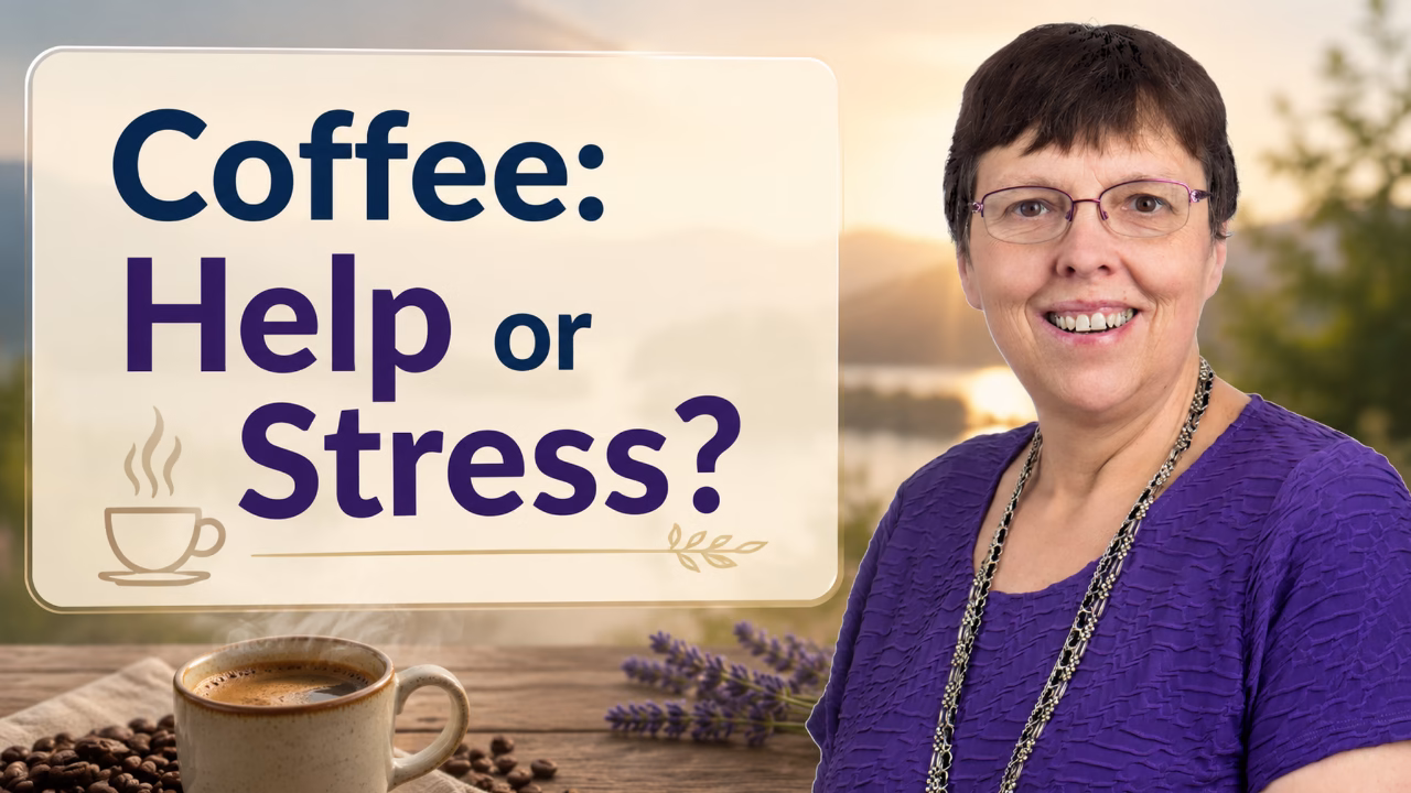 A cup of coffee beside a calm brain health graphic, illustrating how coffee and caffeine may affect focus, mood, anxiety, and sleep.