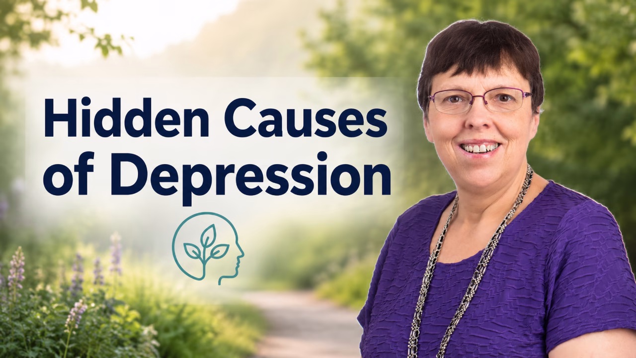 Illustration of depression root causes including stress, brain health, inflammation, sleep, and nervous system overload