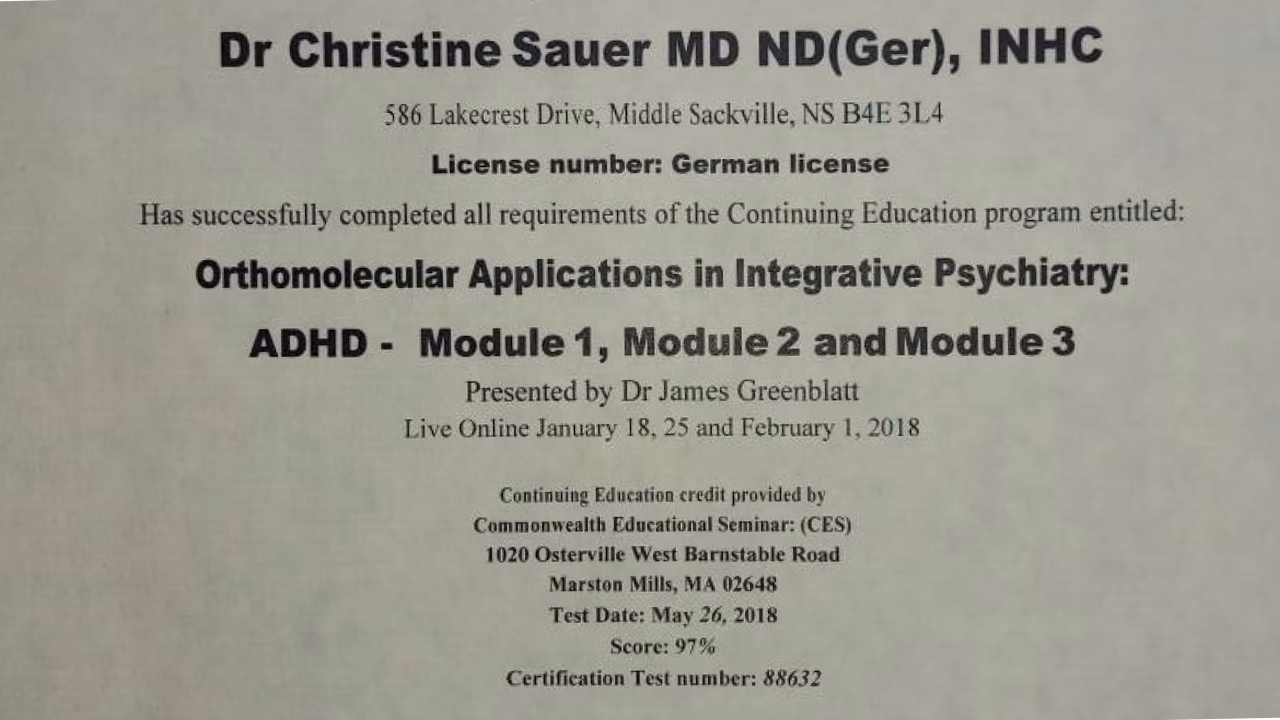 medical credential orthomolecular treatment of ADD ADHD christine sauer