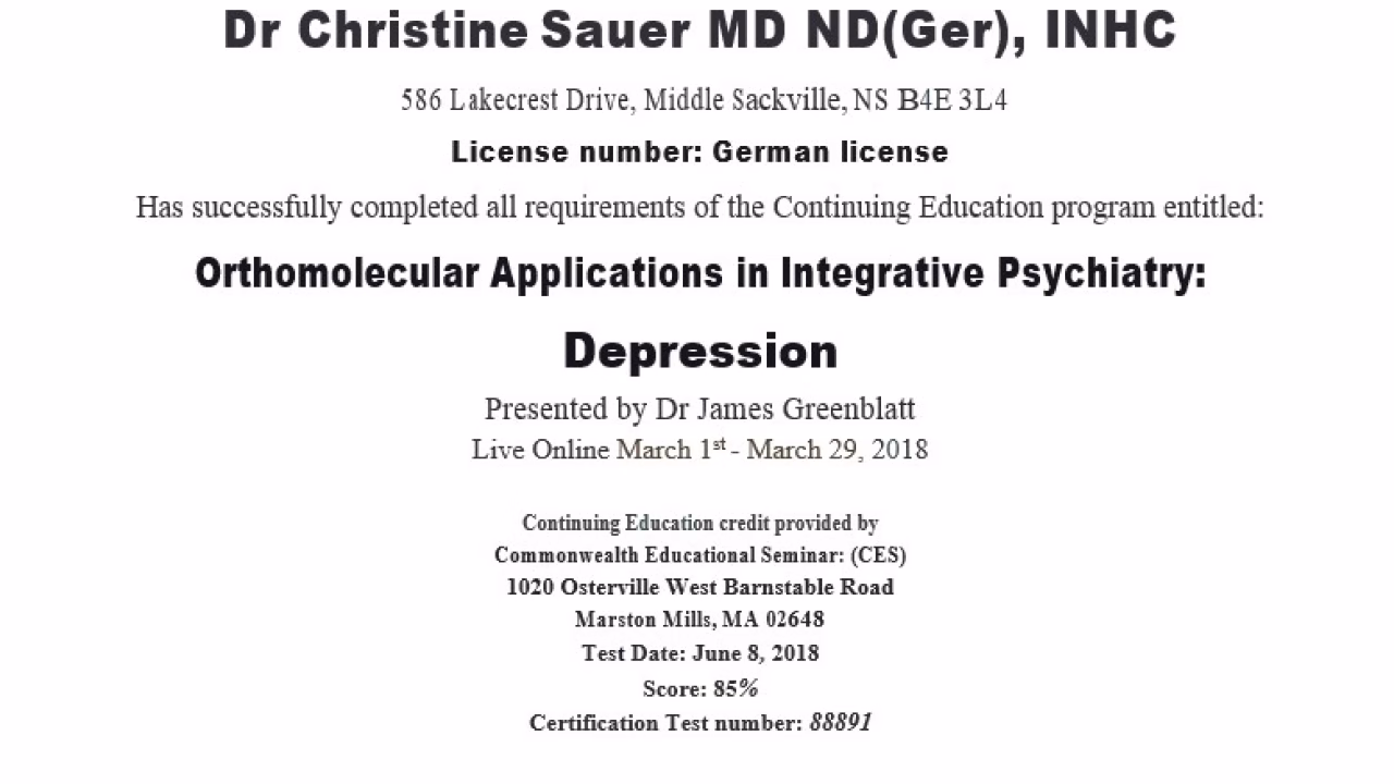 medical credential orthomolecular treatment of depression christine sauer