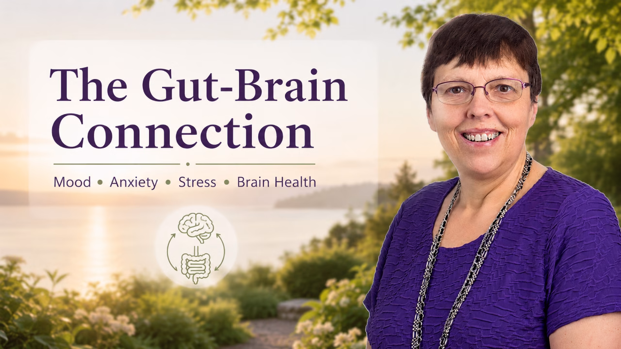DRC-BLOG-Gut-Brain-Connection-Featured-Image-1280x720 2026 Dr. Christine Sauer with a gut-brain connection graphic for an educational article on digestive health, mood, anxiety, stress, and brain function