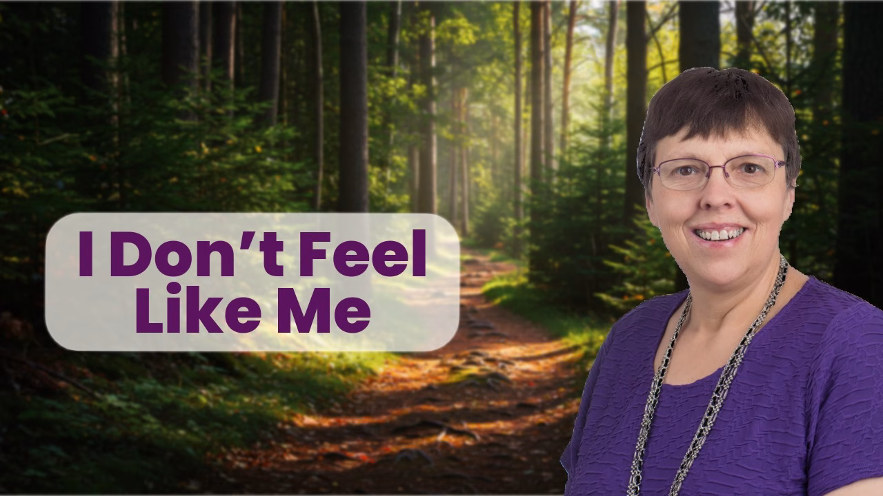 Dr. Christine Sauer standing beside a sunlit forest path with the words “Recover Your Sparkle: I Don’t Feel Like Me,” illustrating feeling disconnected from yourself after stress, burnout, illness, or loss.