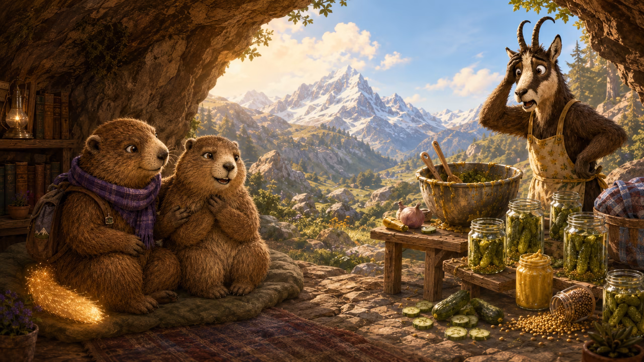 alma sparkly pesky the pickle strategy for emotional boundaries16x9 Sparkly comforts Alma in a peaceful mountain den while Pesky makes mustard pickles outside, showing how to help without absorbing someone else’s stress. - emotional boundaries