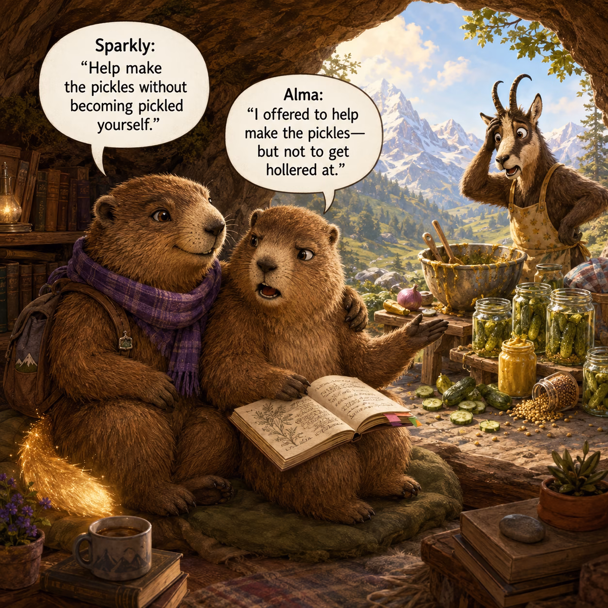 pesky wants to make pickles-alma and sparkly not to get pickled anger Sparkly comforts Alma in a peaceful mountain den while Pesky makes mustard pickles outside, showing how to help without absorbing someone else’s stress. - emotional boundaries