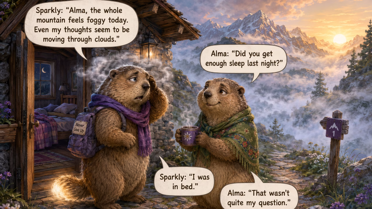 sparkly cant sleep alma how poor sleep affects mental health Sparkly and Alma pause on a foggy mountain after a night of poor sleep.