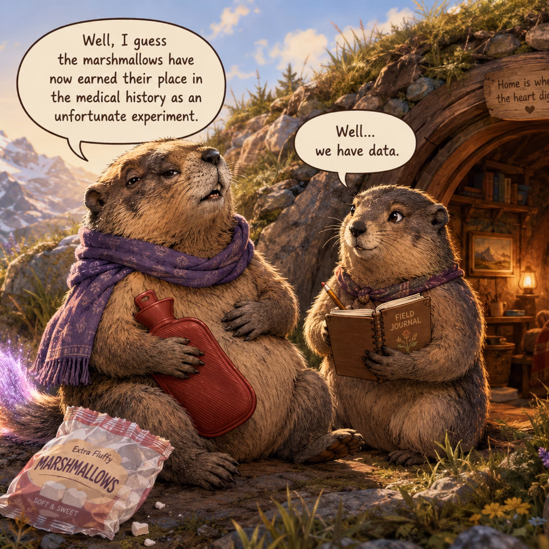 Sparkly and Alma sit outside the mountain den. Sparkly has a hot water bottle after eating marshmallows, while Alma writes in her field journal about learning from mistakes without shame.