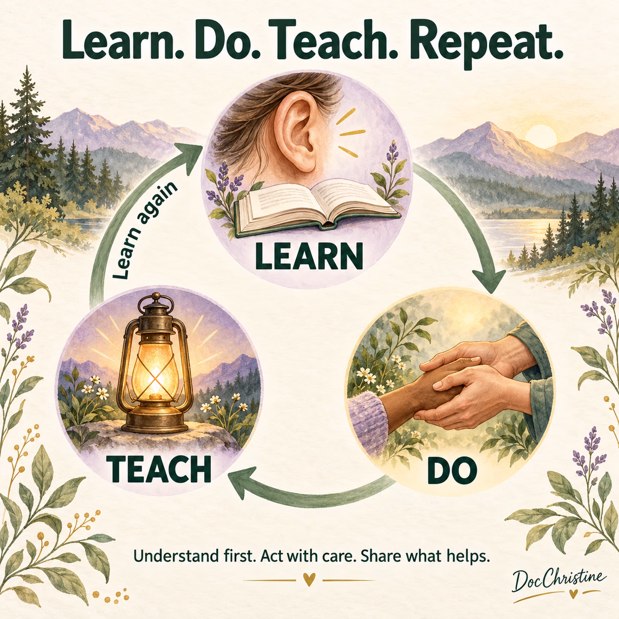 Learn, Do, Teach, Repeat: understand first, act with care, and share what helps.