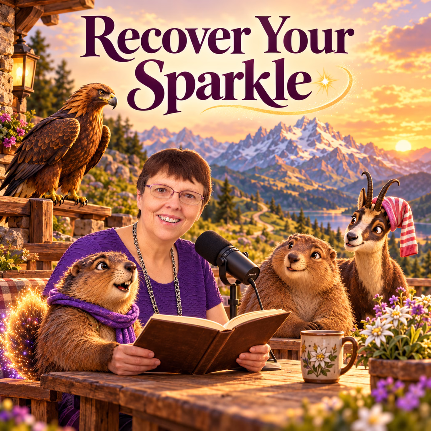 Recover Your Sparkle podcast artwork: Dr. Christine Sauer reading at a microphone with Sparkly, Alma, Pesky and Auri on the Mountain of Life.