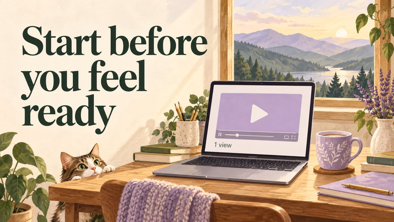 Start before you feel ready: an illustrated laptop showing one video view, a curious cat, and mountains beyond the window, visualizing the fear before publishing your first video