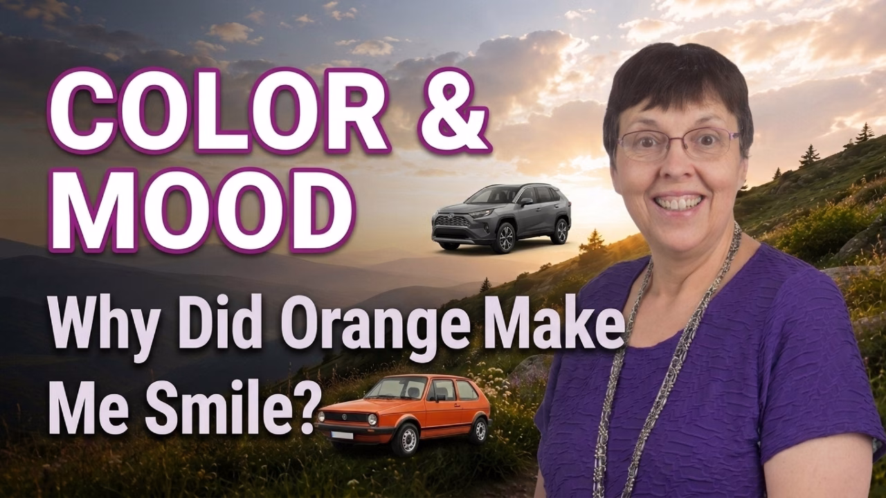 Color and Mood: How an Orange VW Golf Reminded Me of a Happy Time Woman smiling with cars and landscape.