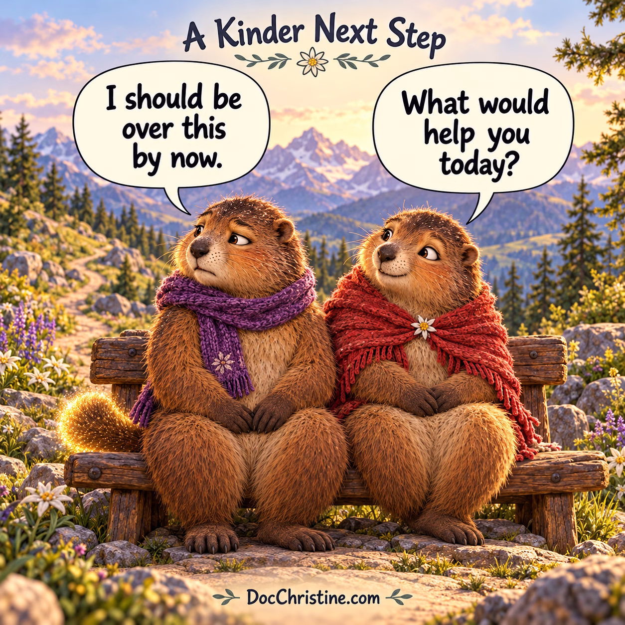 Sparkly and Alma rest on a mountain bench. Sparkly says, 'I should be over this by now.' Alma asks, 'What would help you today?'