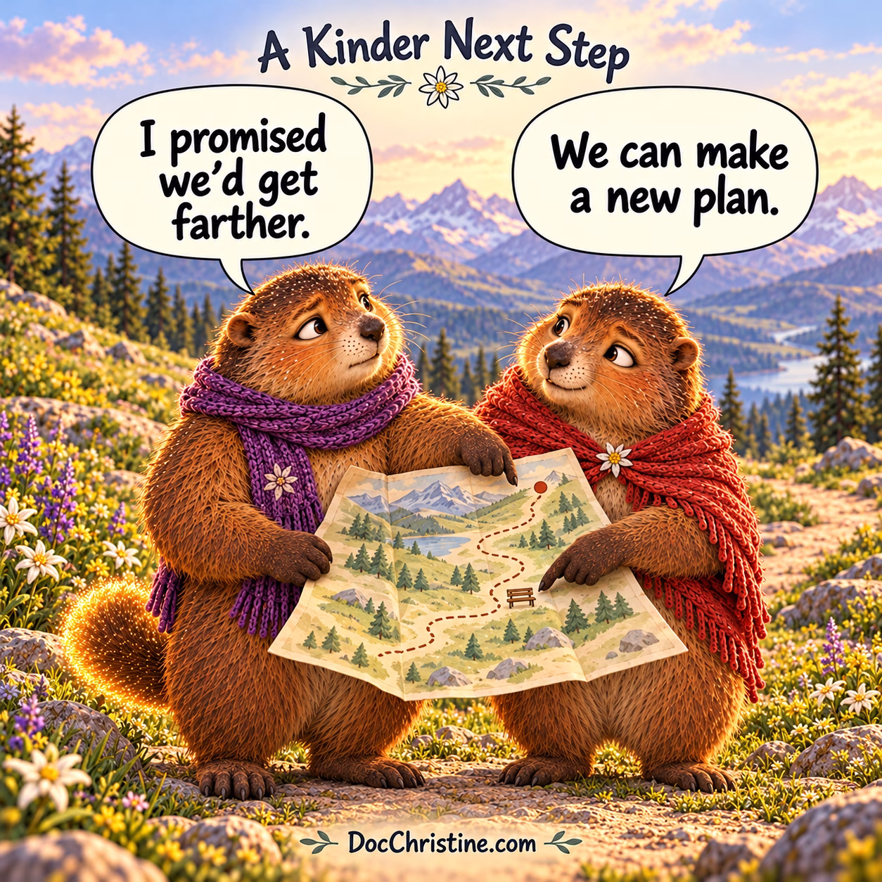 Sparkly says, ‘I promised we’d get farther.’ Alma replies, ‘We can make a new plan.’